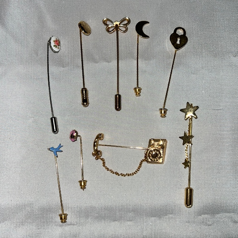 Avon Pin and 8 Stick Pins Lot Telephone Flower Lock Moon Butterfly Bird Stars